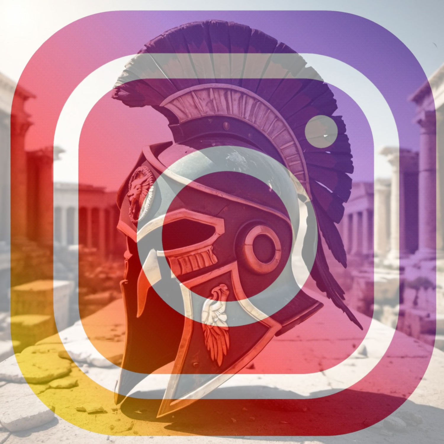 Instagram Logo with Roman Legion Helmet Behind it, Link to TheImperialArmories Instagram